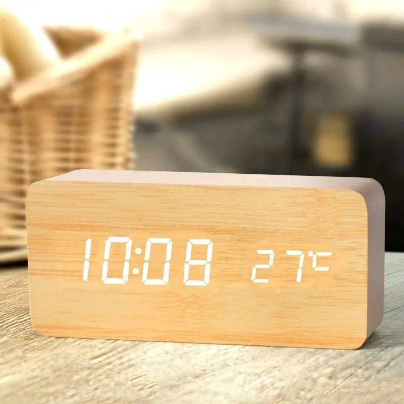 Wooden LED Digital Alarm Clock with Temperature Display | StockRager™ Minimal Desk Timepiece