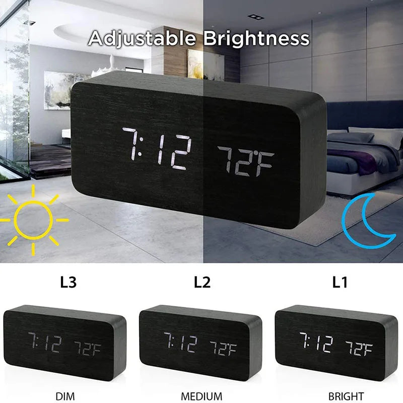 Wooden LED Digital Alarm Clock with Temperature Display | StockRager™ Minimal Desk Timepiece