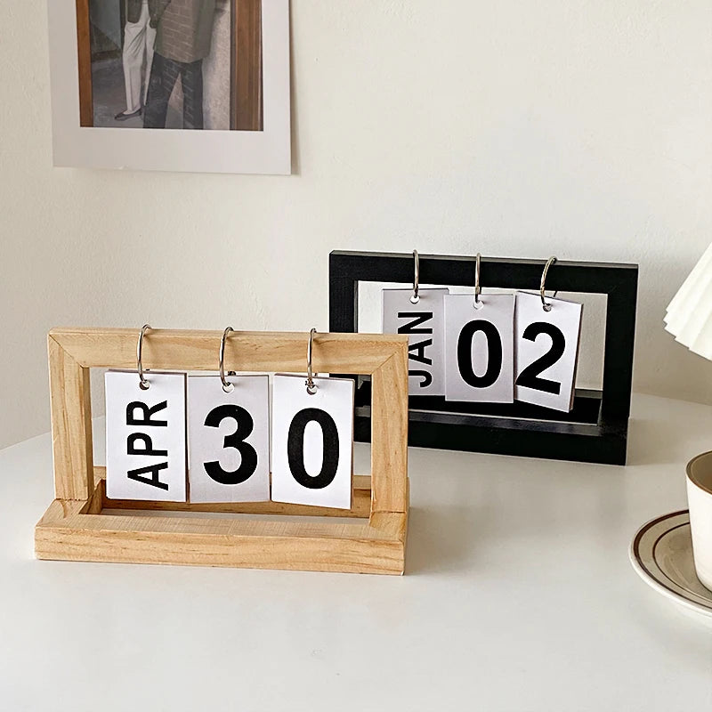 Wooden Perpetual Desk Calendar Flip Planner | StockRager™ Minimal Desktop Time System