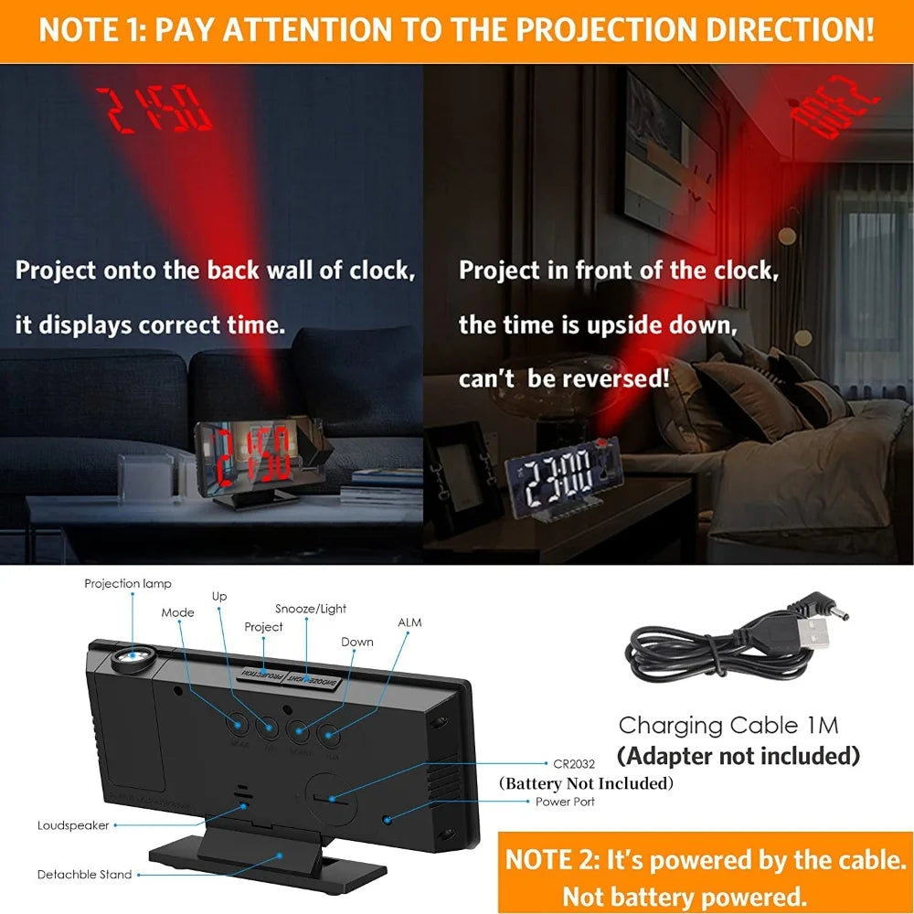 180° Projection LED Alarm Clock with Temperature Display | StockRager™ Smart Desk Time Projector