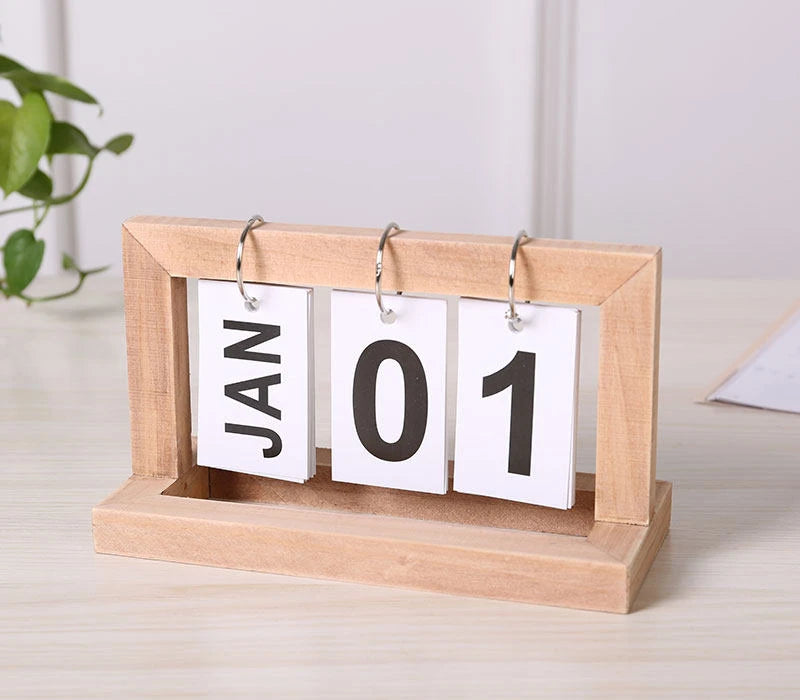 Wooden Perpetual Desk Calendar Flip Planner | StockRager™ Minimal Desktop Time System
