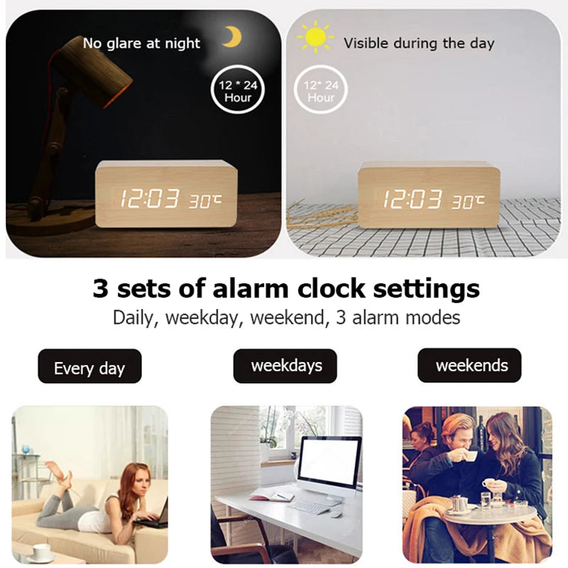 Wooden LED Digital Alarm Clock with Temperature Display | StockRager™ Minimal Desk Timepiece