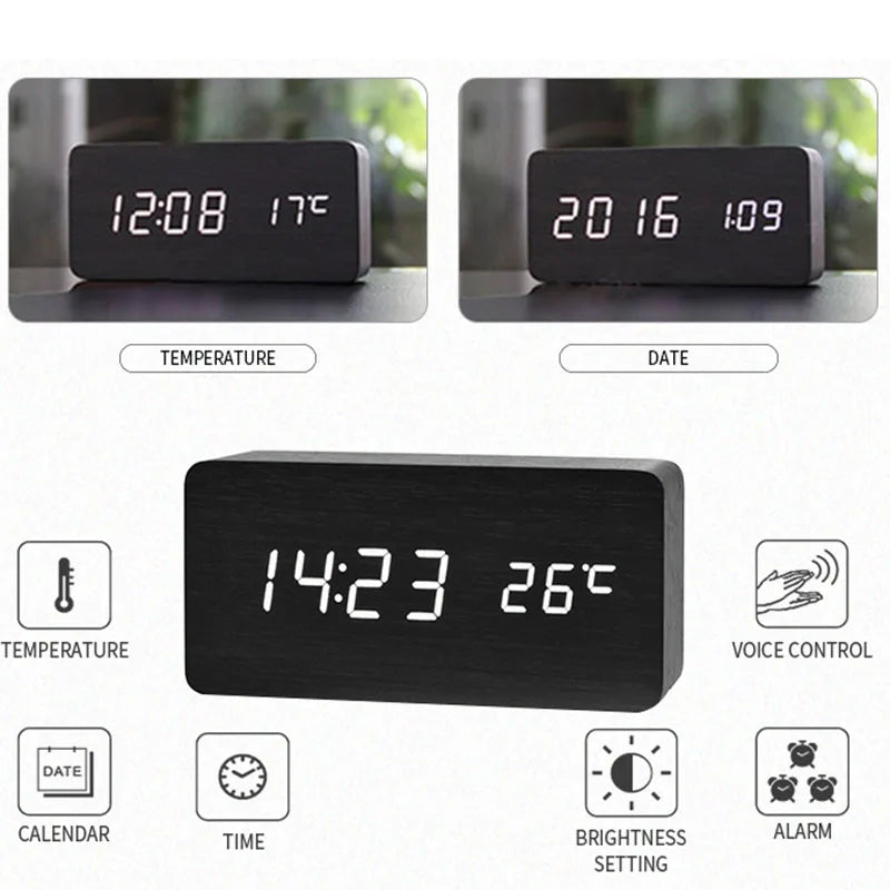 Wooden LED Digital Alarm Clock with Temperature Display | StockRager™ Minimal Desk Timepiece