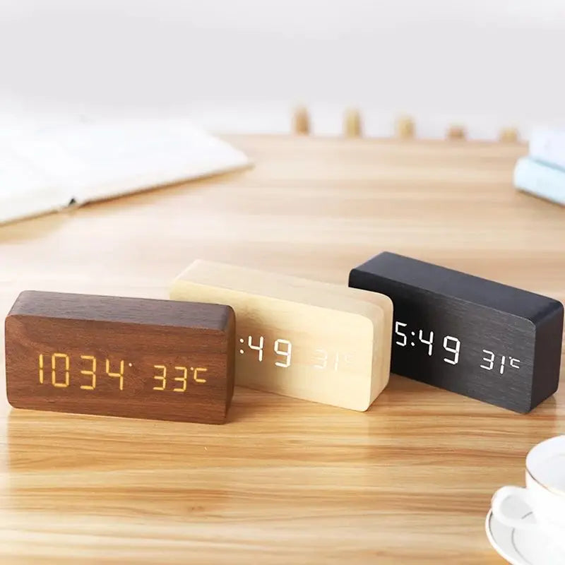 Wooden LED Digital Alarm Clock with Temperature Display | StockRager™ Minimal Desk Timepiece