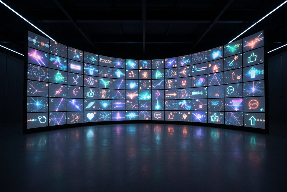 Cinematic dark room with a large wall of softly glowing screens, each screen showing abstract shapes, comments, and upvote-style symbols (no readable text), subtle sense of online interaction, collective energy, modern internet culture aesthetic, premium brand photography, low lighting, soft neon highlights, no logos, no real UI, no faces
