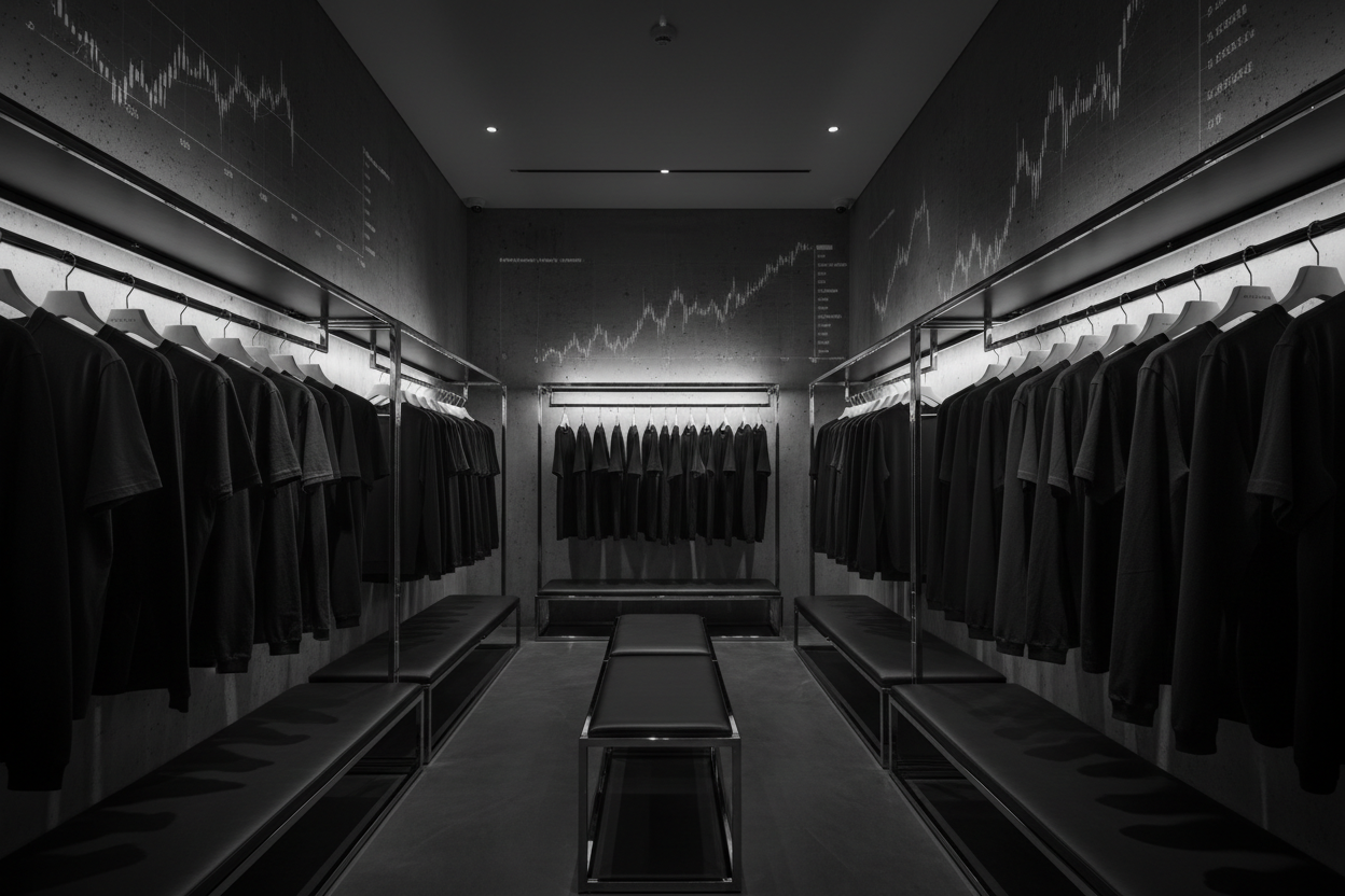 Dark cinematic locker room interior, premium black and charcoal t-shirts hanging neatly on metal racks, subtle trading-inspired details (numbers, charts faintly etched on walls), low-key lighting with soft rim light, luxury fashion brand aesthetic, moody shadows, minimal color palette, ultra-clean composition, high-end editorial photography feel, no text, no logos, professional and modern
