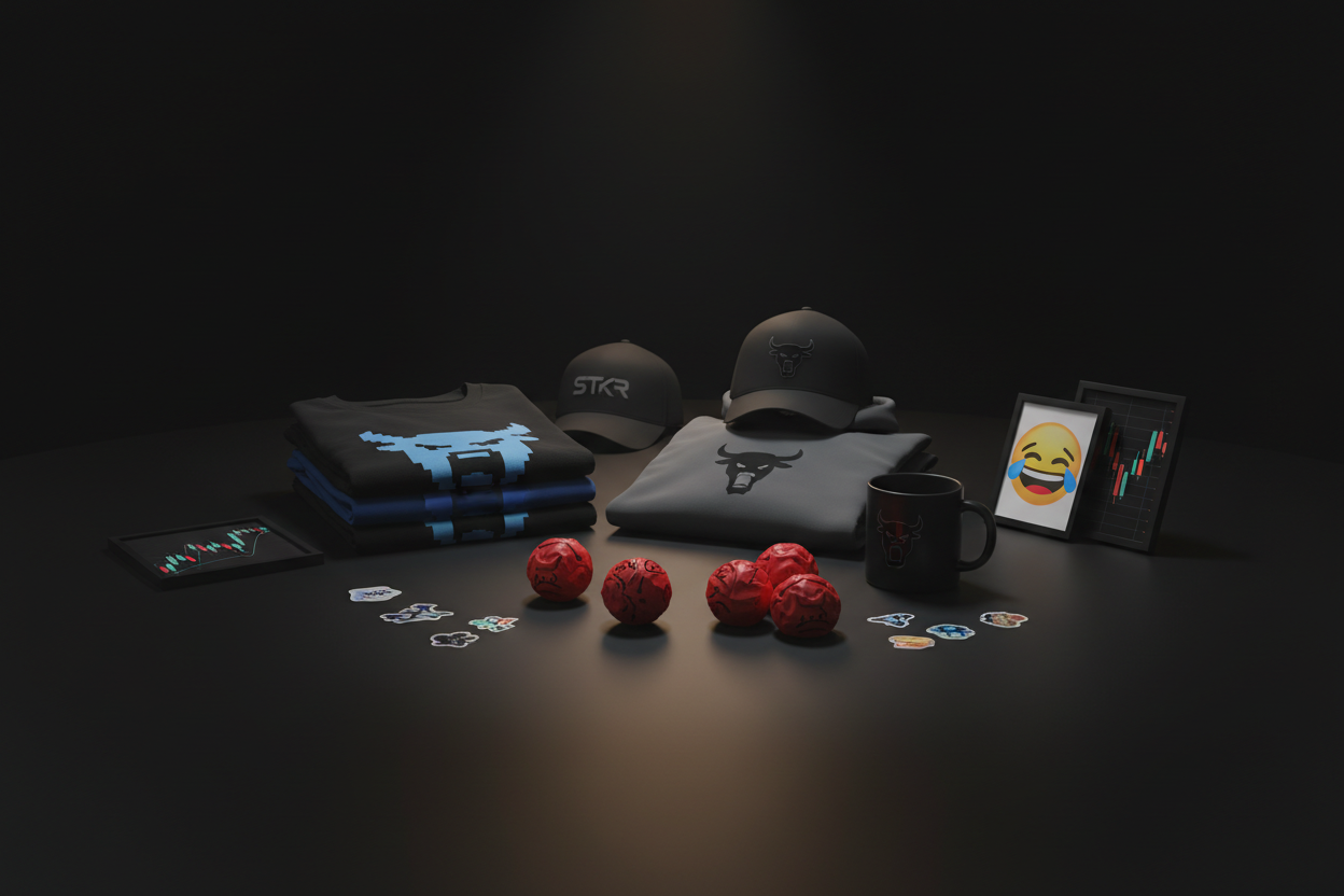 “Dark cinematic scene with low lighting, dramatic shadows and moody atmosphere, subtle highlights showing adult Stockrager merchandise including folded meme T-shirts, hoodies, caps, mugs, rage balls, stickers, and small wall art frames, scattered artistically on a sleek surface, soft reflections and ambient glow, minimalist and stylish composition, center-focused for narrow crop, cinematic lighting with deep shadows and rich moody colors, no text, sophisticated but playful vibe.”
