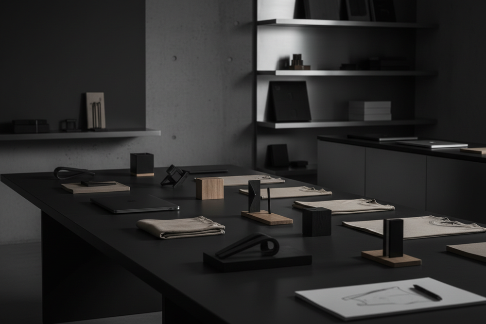 Dark modern creative studio, products in early design stage laid out neatly on a matte table, clean silhouettes of apparel and desk toys, soft overhead lighting, minimal clutter, professional workflow atmosphere, premium brand photography style, moody but refined, no people, no text, no logos
