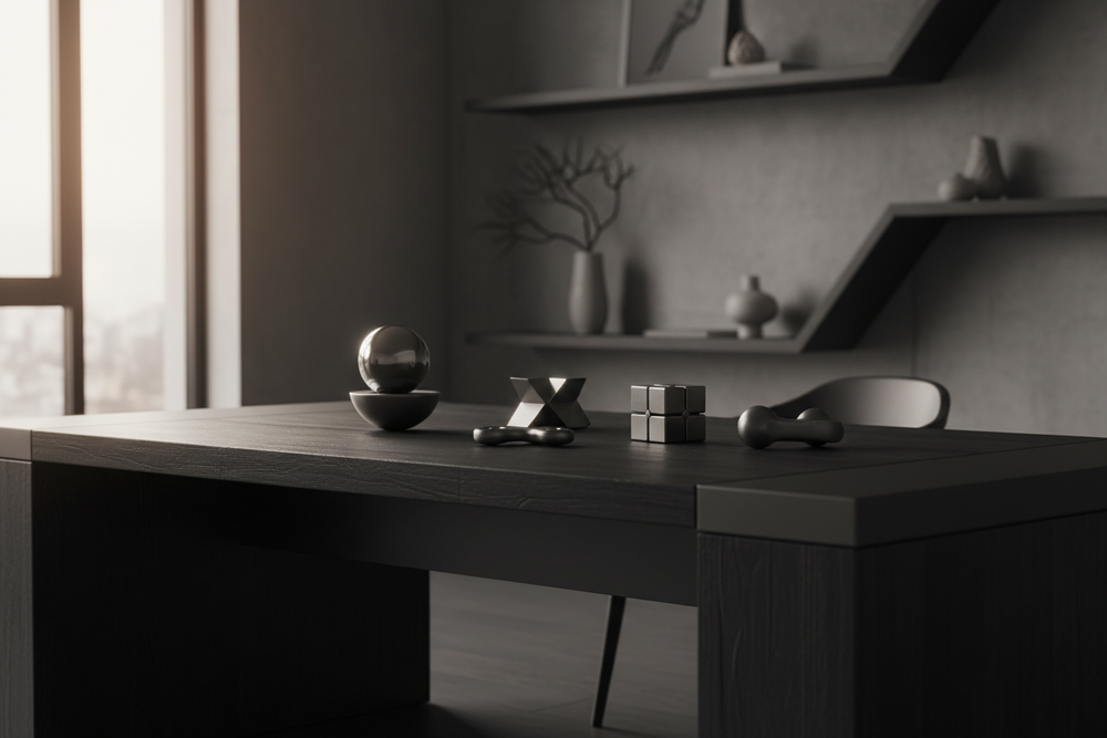 Minimalist creative studio workspace, dark desk with premium materials, stress relief desk toys made of metal and silicone neatly arranged, soft directional lighting, matte black and graphite tones, modern startup brand aesthetic, calm yet intense mood, shallow depth of field, cinematic product lifestyle photography, no text, no logos
